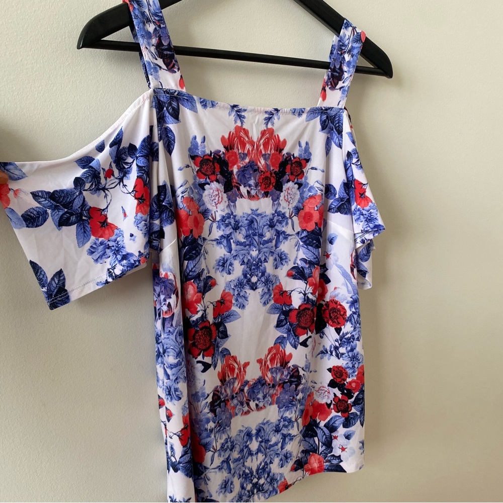 INC International Concepts Floral Cold-Shoulder Blouse - Red, Blue, White